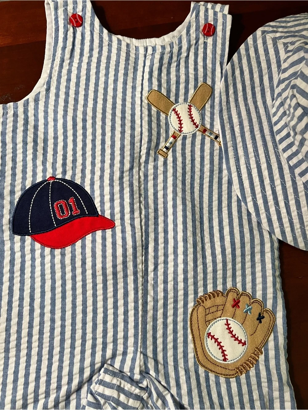 Good Lad Blue & White Striped Baby Sun Hat and Romper Set - Baseball Appliqué